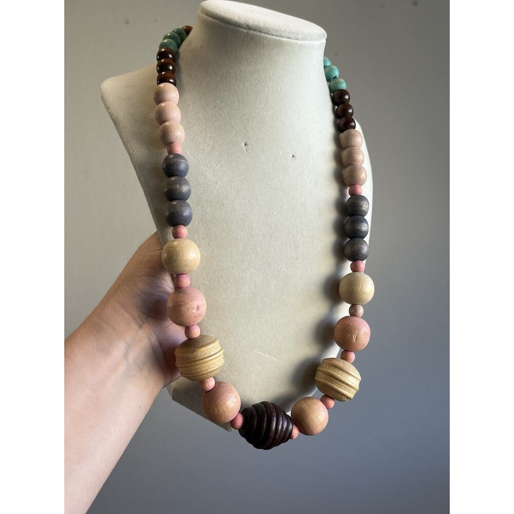 Vintage Brown Wood Beads Wooden Round Pink Blue Necklace 24”